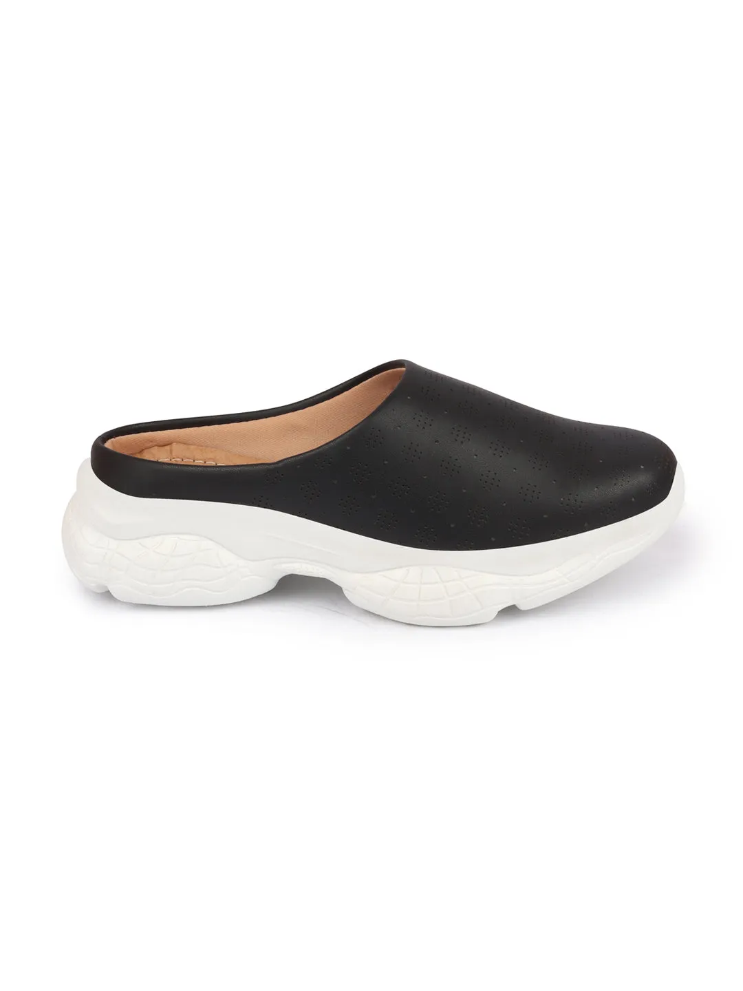 Women Black Back Open Classic Design Slip On Mules Shoes