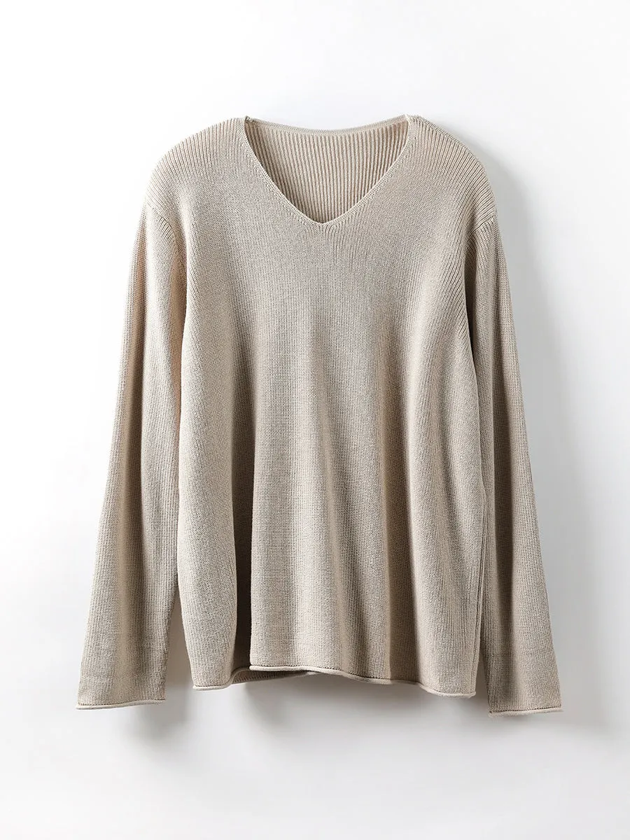 Women Casual V-Neck Solid Knitted Loose Sweater