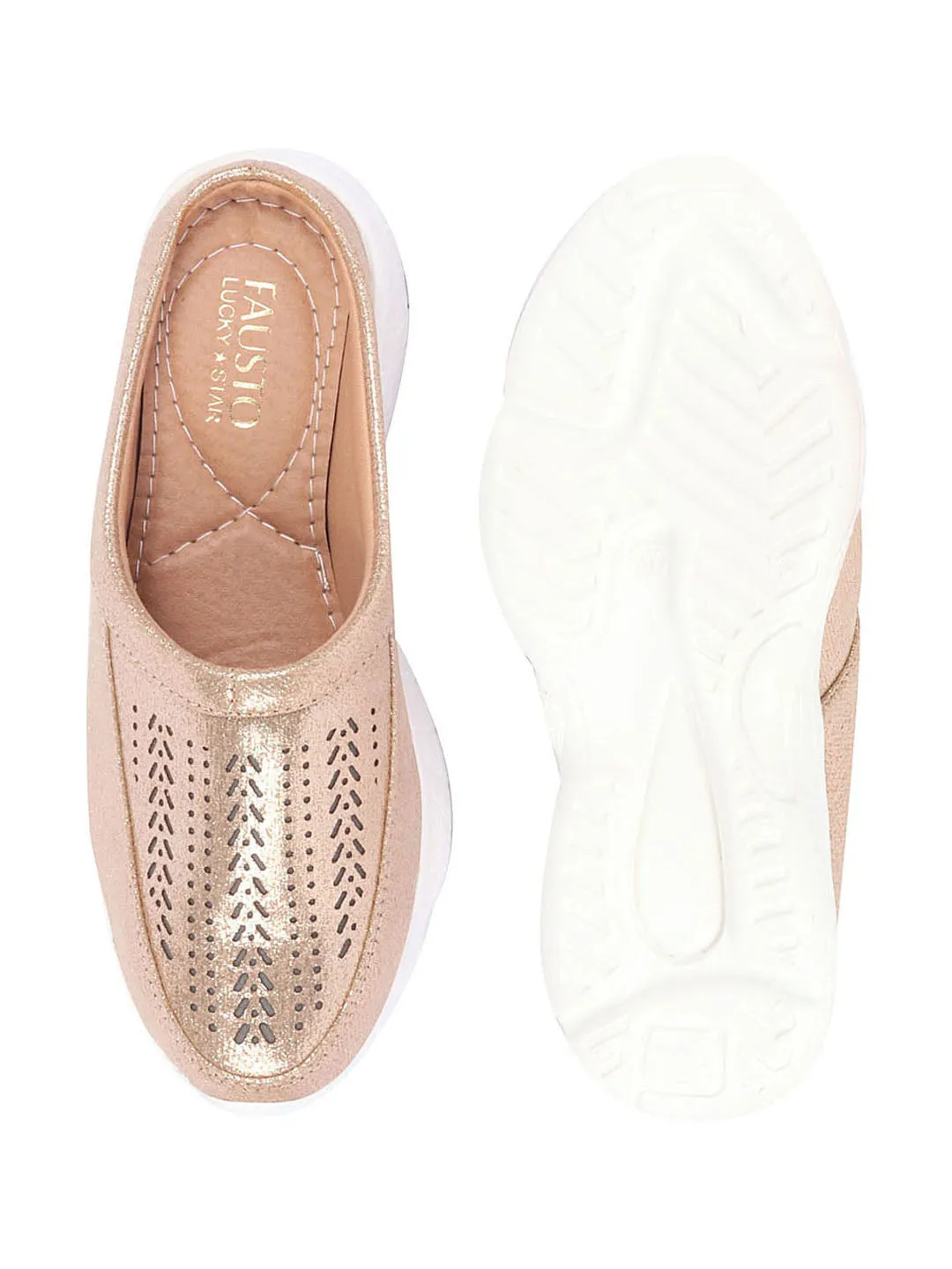 Women Golden Laser Cut Design Stitched Back Open Slip On Mules Shoes