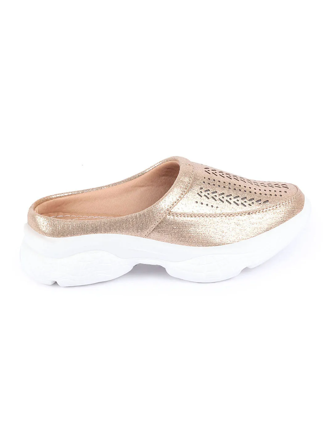 Women Golden Laser Cut Design Stitched Back Open Slip On Mules Shoes