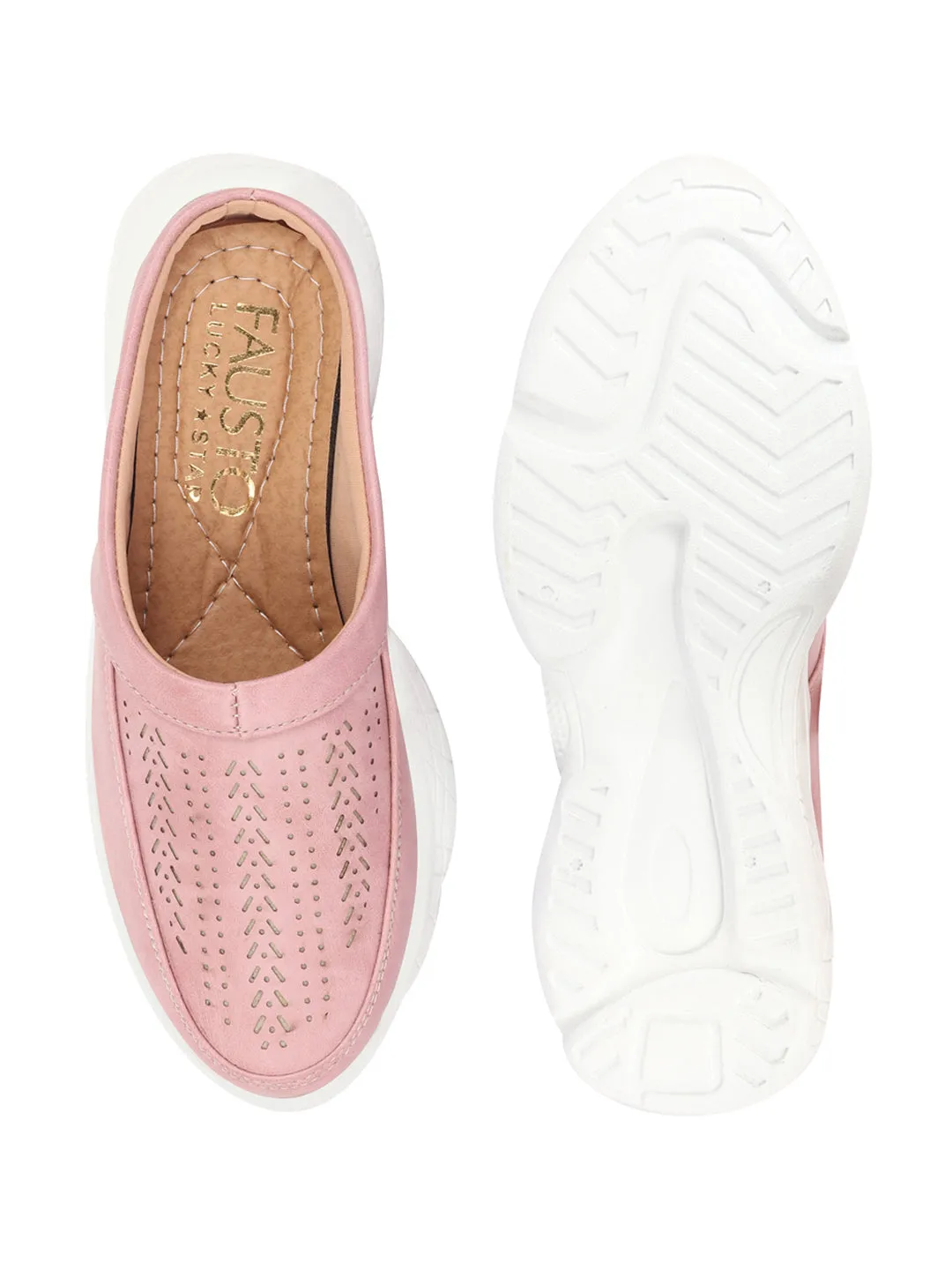 Women Pink Laser Cut Design Stitched Back Open Slip On Mules Shoes