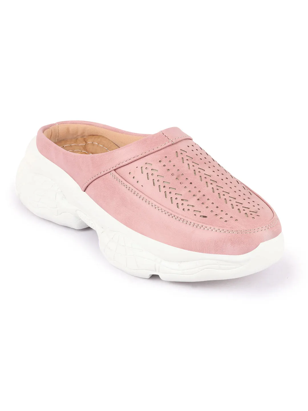 Women Pink Laser Cut Design Stitched Back Open Slip On Mules Shoes