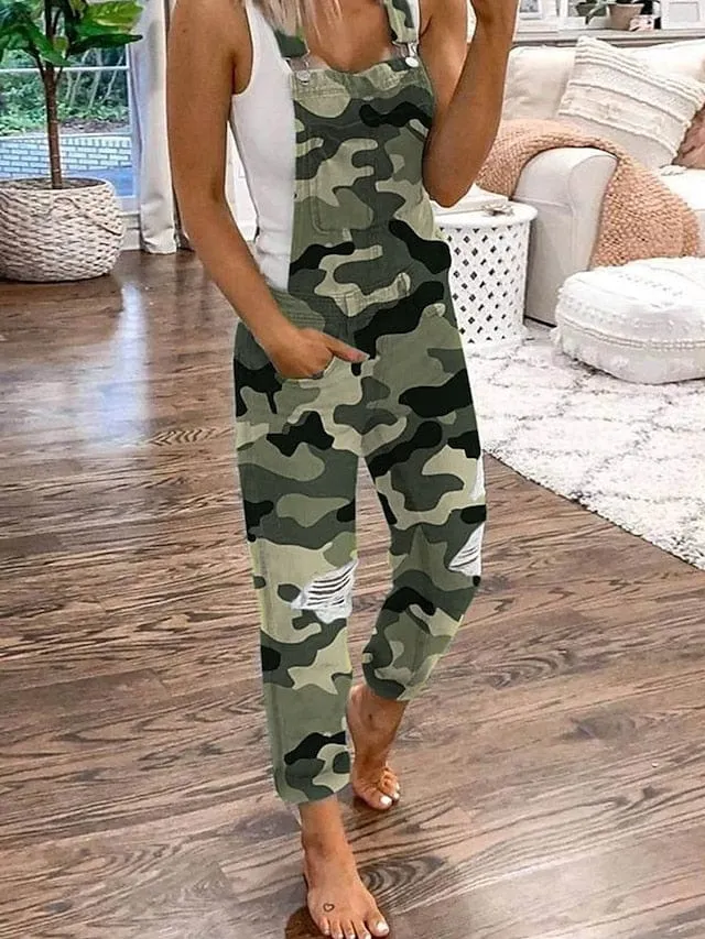 Women's Utility Denim Jumpsuit with Wide Leg Pants in Light Blue and Camouflage Gray Solid Color